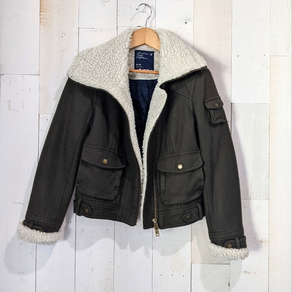 American Eagle Army Green Wool Bomber Coat - Picture 4 of 16